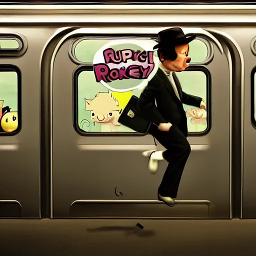 Image similar to jigglypuff runnning to catch the nyc subway, frantic, wearing a suit, style of norman rockwell, photograph, super sharp, style of richard corben, ultra detailed, 8 k, rule of thirds, cinematic lighting.