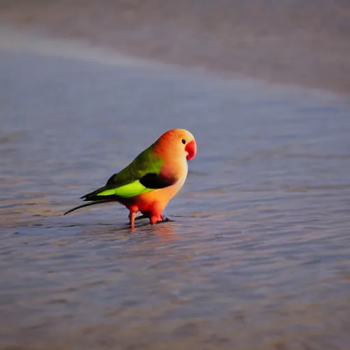 Image similar to lovebird sitting at shore, reflective, sunny day, landscape photography, nature