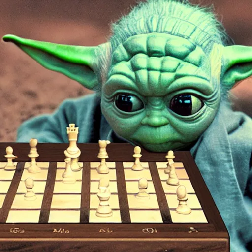 Image similar to real vintage photo, baby yoda playing chess with the terminator, detailed, hyper realistic, 4 k octan render, unreal 5