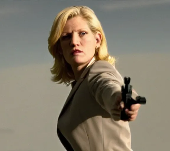 Image similar to skyler white holding a gun, movie still, upper body shot, photorealistic, clean composition