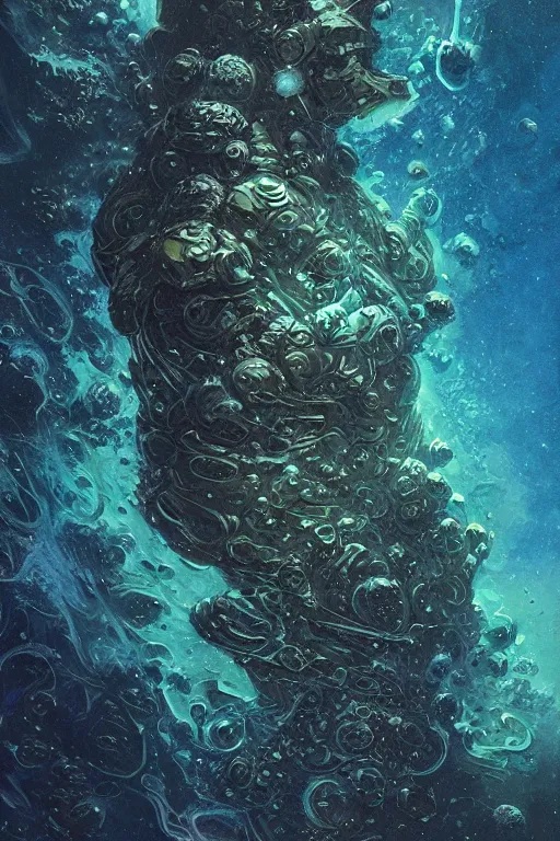 Image similar to close up shot of a full body floating astronaut portrait water elemental, high contrast, james gurney, peter mohrbacher, mike mignola, black paper, mandelbulb fractal, trending on artstation, exquisite detail perfect, large brush strokes, intricate ink illustration, black background