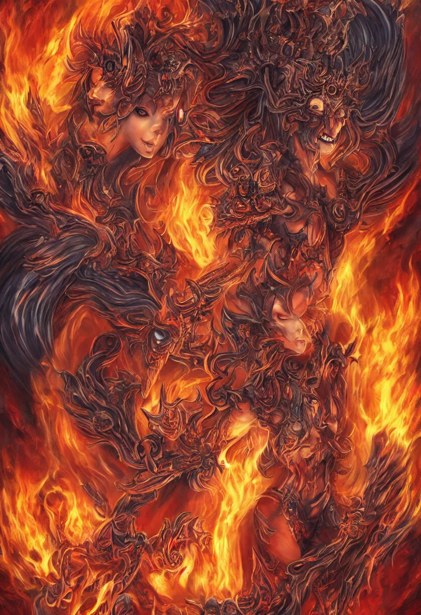 Image similar to stunning female demons surrounded in fire, korean, buddhist, naraka otherworldly rising from the blue fire, crystal amber eyes, wings, very detailed face, smile, monster teeth covered in red, dark and mysterious, full body, rococo, cinematic, epic, very detailed, full body, sun god, death god, hell