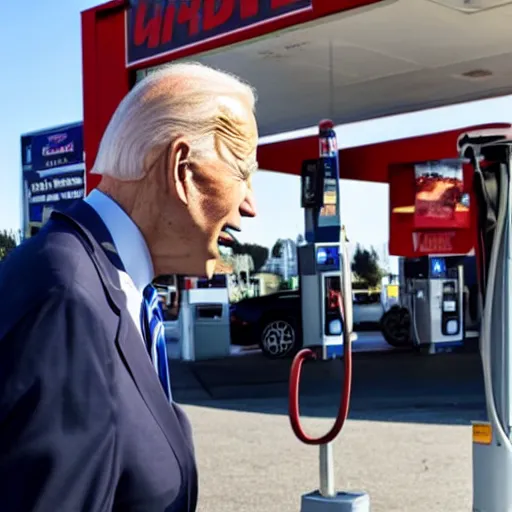 Image similar to joe biden at the gas station pumping gas into his mouth