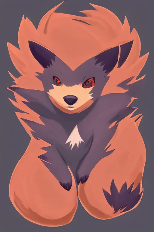 Image similar to zorua pokemon, stylised fox - like appearance, black and auburn colour pallet, thick furry neck and chest fluff, stylised 🖌 - like hair, pokemon concept art with multiple angles, super detailed, clean lines, digital art