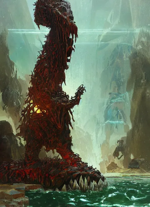 Image similar to huge towering alien brute demon king emerging from lake on sunny day, splashing, partially submerged, by sergey kolesov and lawrence alma tadema and norman rockwell and greg staples and craig mullins and john berkey and ruan jia, artstation creature art