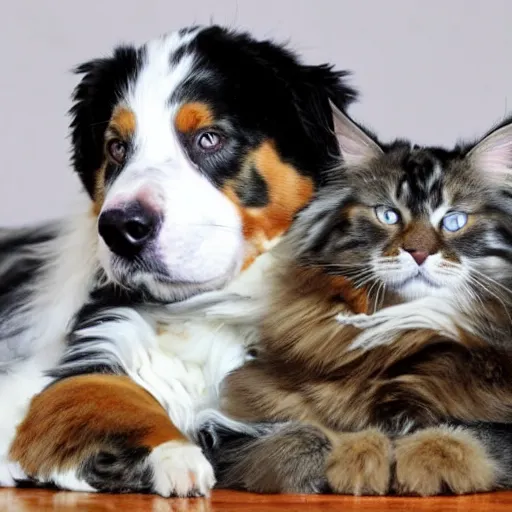 Image similar to australian shepherd cuddling with a maine coon