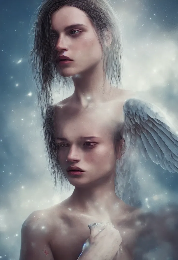 Image similar to portrait art of female angel by alessio albi 8 k ultra realistic, angel wings, lens flare, atmosphere, glow, detailed, intricate, full of colour, cinematic lighting, trending on artstation, 4 k, hyperrealistic, focused, extreme details, unreal engine 5, cinematic, masterpiece