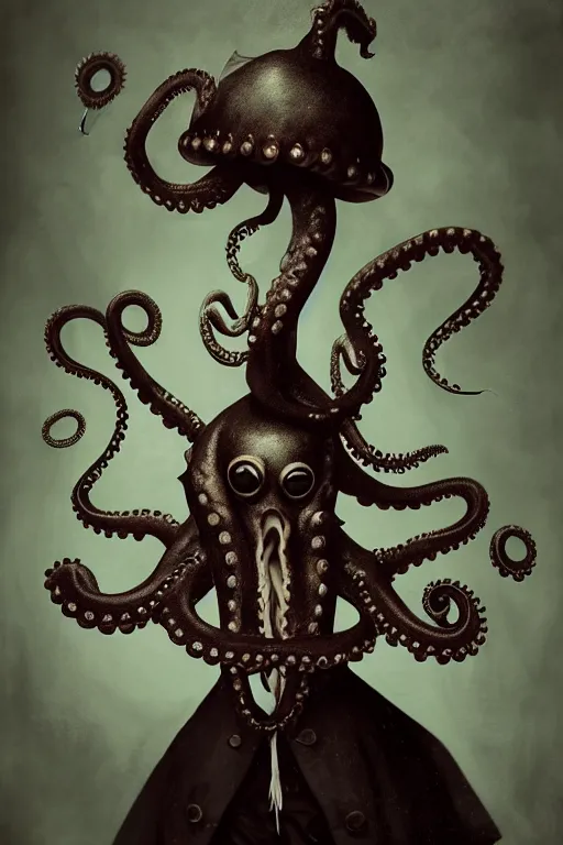 Image similar to wet plate photograph portrait of a victorian - era anthropomorphic octopus dressed in a victorian - era clothing, dramatic lighting, highly detailed, digital painting, artstation, concept art, smooth, sharp focus, illustration, art by wlop, mars ravelo and greg rutkowski