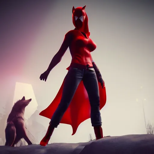 Prompt: a beautiful 3 d render, red hood girl with a giant wolf behind her, character design, concept art, blender, cinematic, unreal engine 5, foggy atmosphere n 4 - - h 6 4 0