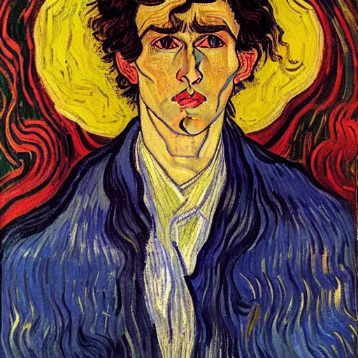 Prompt: painting of handsome beautiful dark medium wavy hair man in his 2 0 s, dressed as an oracle, looking upward to the heavens above, slight smile, foreseeing the future, elegant, clear, painting, highly stylized, art by vincent van gogh, egon schiele