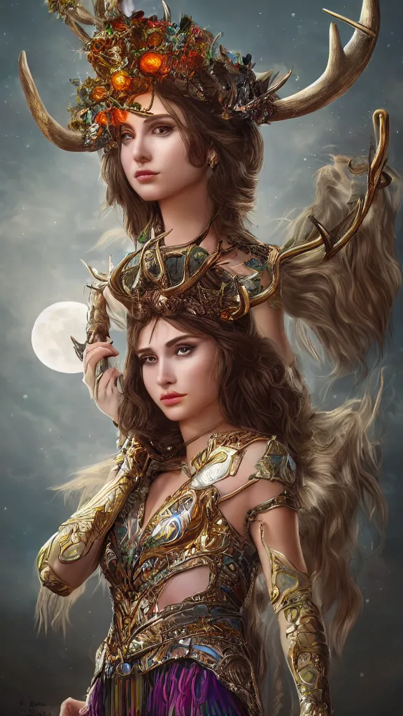 Prompt: portrait of Artemis, goddess of the hunt and the moon, wearing an antler crown, studio lightning, bright colors, intricate, masterpiece, photorealistic, hiperrealistic, sharp focus, high contrast, Artstation HQ, DeviantArt trending, 4k UHD, Unreal Engine 5