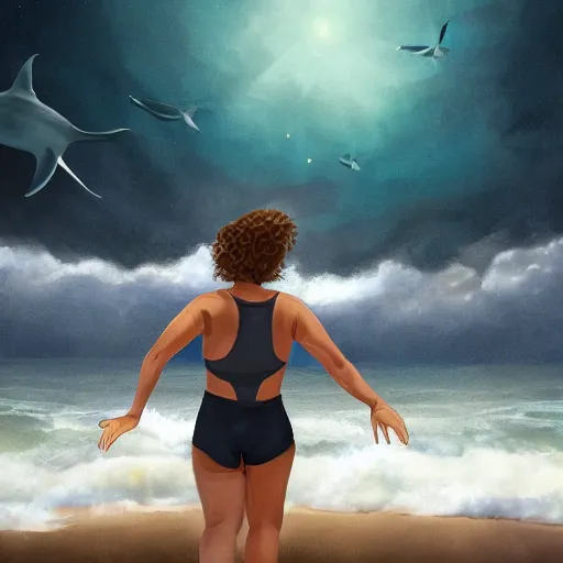 Prompt: digital art, trending on artstation, an athletic woman in her fifties with curly brown hair, swimming smiling in the middle of a rough sea surrounded by sharks, above her, in the night sky there is a star.