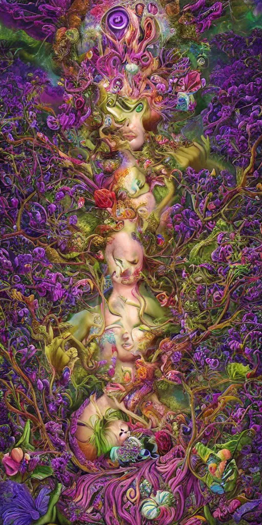 Prompt: a painting by hanna yata, geenss archenti flores of the spirit of mother nature in fantastic and impossible psychedelia shapes by hanna yata, geenss archenti flores, ben ridgway, elegant, highly detailed, digital painting, artstation, concept art, ambient occlusion, vray render,