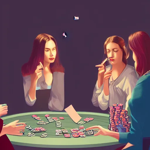 Image similar to a illustration of female angels playing poker and smoking, trending on artstation, cinematic