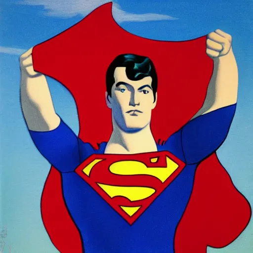 Image similar to superman wearing speedo by René Magritte, detailed, 4k