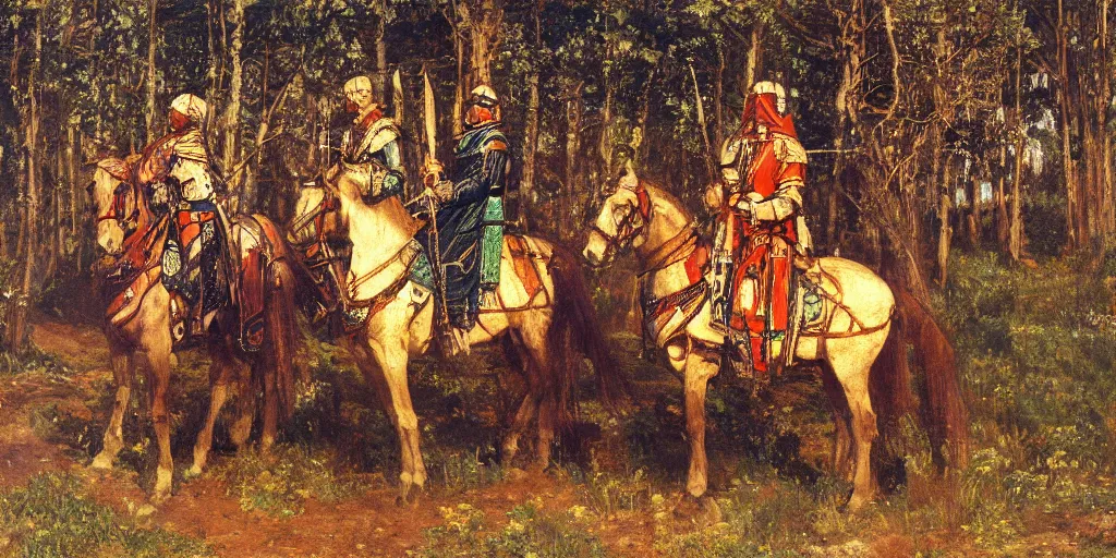 Prompt: three knights painting by vasnetsov, 4k resolution