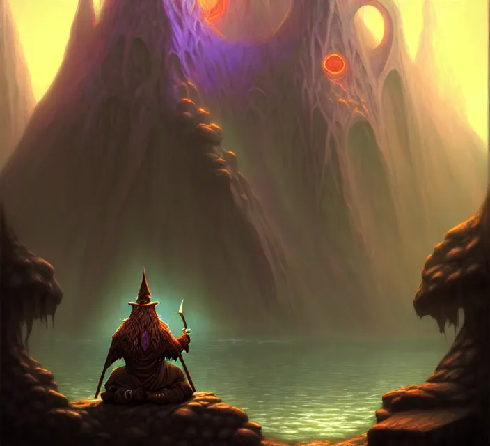 Image similar to subsurface scattering, a wizard rests at a lake oasis, the art of athas and dark sun, brom's dark sun art on a 7 0's style fantasy novel cover, digital painting by brom, amazingly detailed d & d art, concept art, intricate details, beautiful, volumetric lighting, cgsociety, artstation, square enix cinematic art