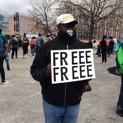 Image similar to protester holding a sign that says free hat