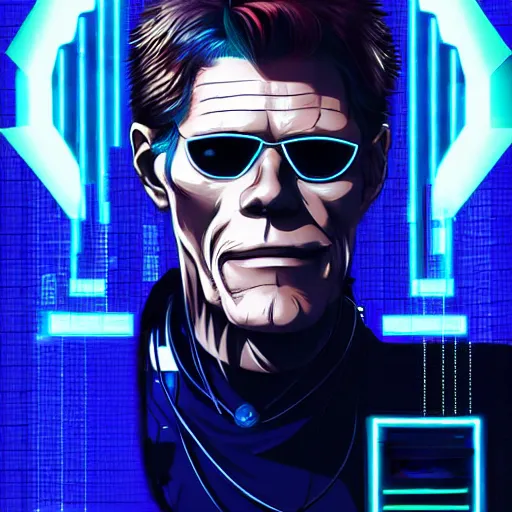 Image similar to willam dafoe as the main character of a cyberpunk anime in the style of bladerunner by wlop and greg rutkowsky