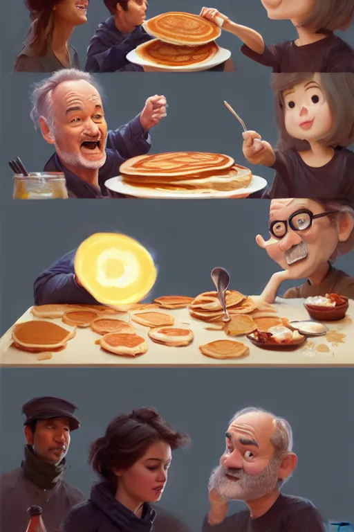 Image similar to bill murray making pancakes animation pixar style, by magali villeneuve, artgerm, jeremy lipkin and michael garmash, rob rey and kentaro miura style, golden ratio, trending on art station