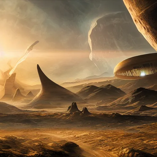 Image similar to alien landscape with a spaceport far on the horizon, epic lighting, elegant, calm, artwork by Charles Vacher