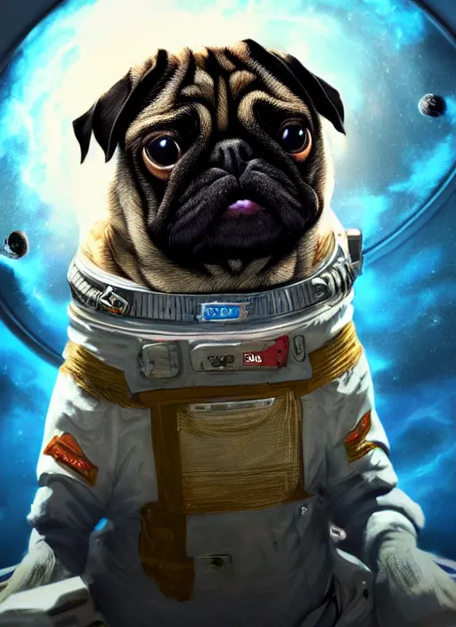 Image similar to An epic fantasy comic book style portrait painting of a pug astronaut in space, unreal 5, DAZ, hyperrealistic, octane render, cosplay, RPG portrait, dynamic lighting