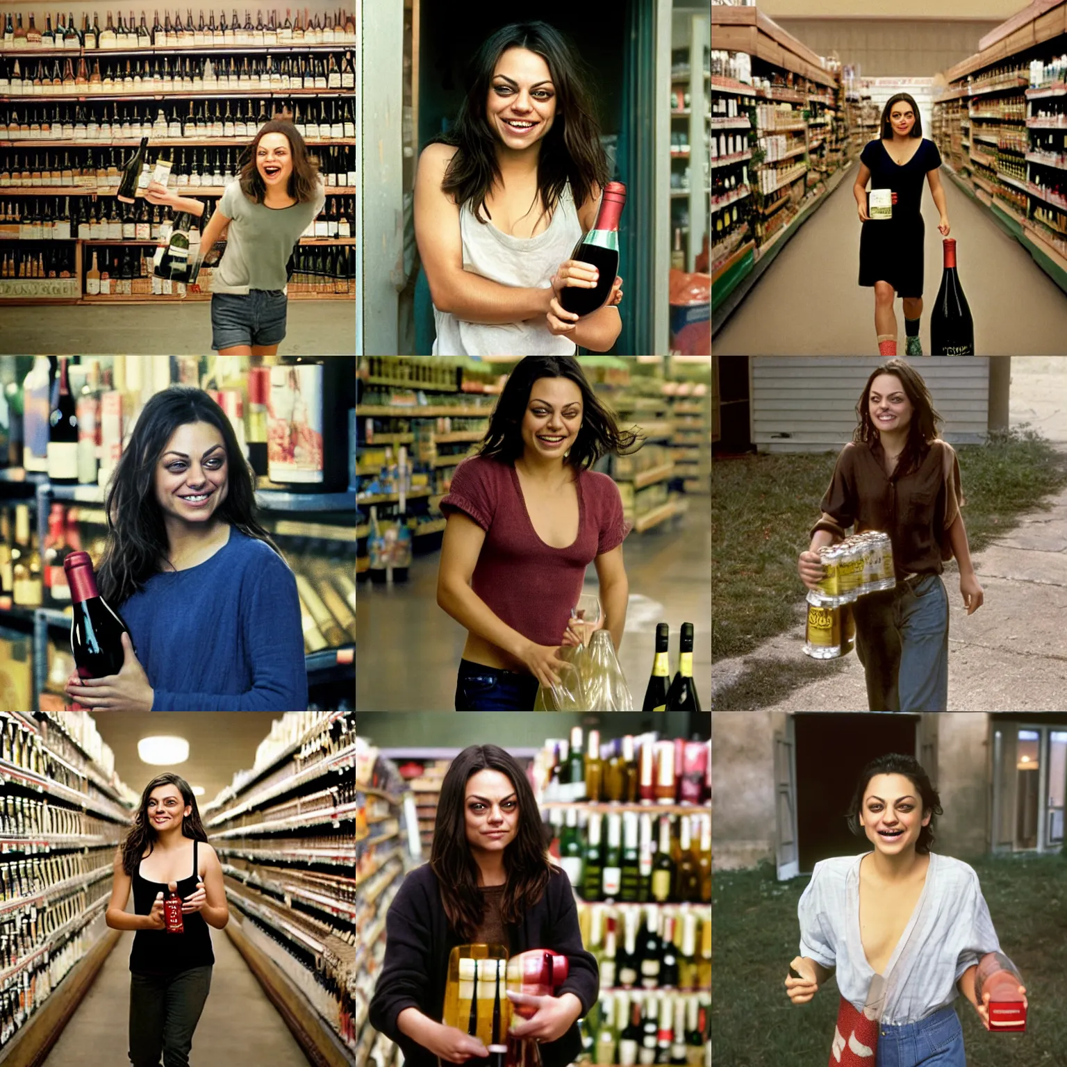 Image similar to face portrait of laughing Mila Kunis walking out of the grocery store holding bottles of wine, Gregory Crewdson, Joel Sternfeld