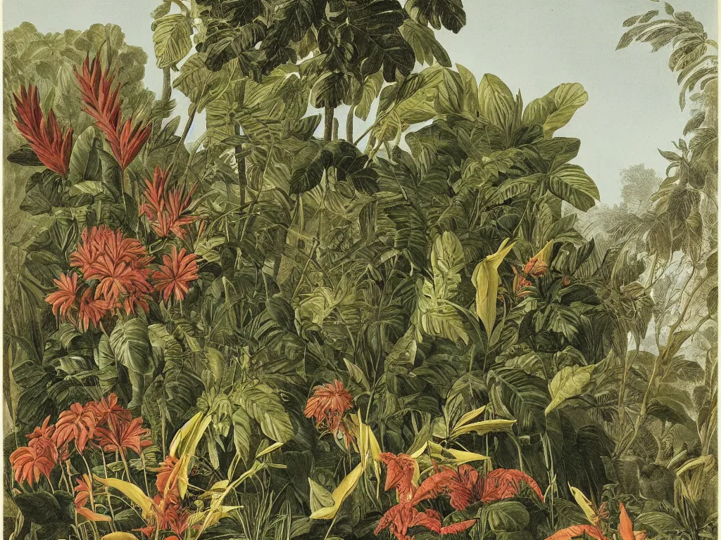 Image similar to muscular tiger, tropical plants in background, botanical, large exotic flowers, biology, painted by john audubon