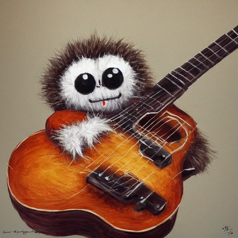 Image similar to medium shot, cute lucas the spider, fluffy spider, plays the guitar, 3 d art, oil painting
