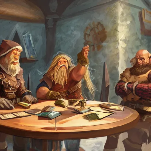 Image similar to Concept art of a human, dwarf, and an elf sitting around a table playing D&D, creative, fantasy