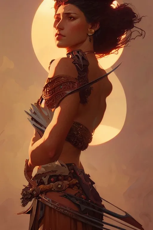 Prompt: a very beautiful warrior woman, fantasy, portrait, sharp focus, intricate, elegant, digital painting, artstation, matte, highly detailed, concept art, illustration, ambient lighting, art by ilya kuvshinov, artgerm, Alphonse mucha, and Greg Rutkowski