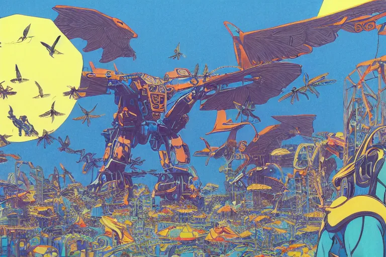 Image similar to gigantic mecha arzach birds with dragonflies, tiny rats, a lot of exotic animals around, big human faces everywhere, helicopters and tremendous birds, risograph drawing by satoshi kon and moebius, matte summer blue colors, surreal psychedelic design, 4 k