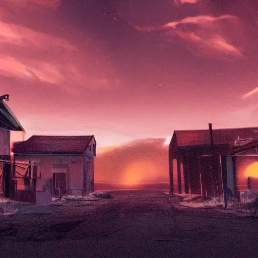 Prompt: photo of abandoned town, red sky, glowing red sun, concept art