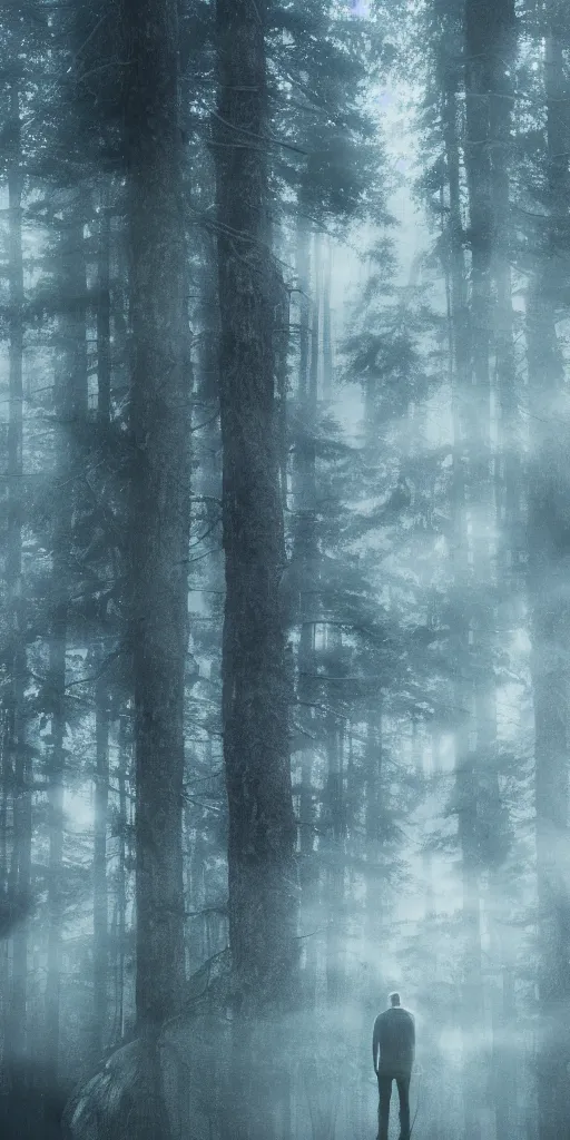 Prompt: Photograph. Double exposure. Young man with head turned to the side. Dense forest. Smokey. Dramatic lighting. Color graded. Blue and grey. Extremely detailed. Cinematic.