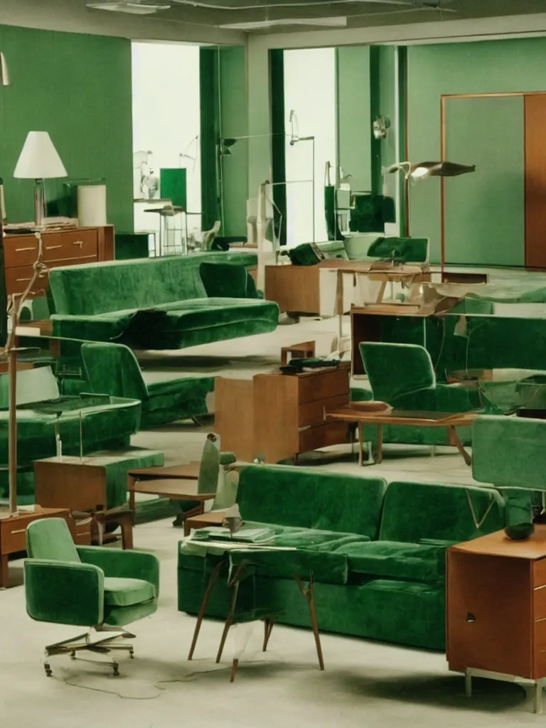 Image similar to a still of severance series ( 2 0 2 2 ) indoor 7 0 s green velvet and wood with metal furniture office scenario appearing in a film of jacques tati