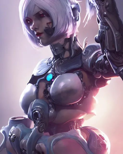 Image similar to holy cyborg necromancer girl, elegant, perfect face, scifi, futuristic, utopia, garden, illustration, atmosphere, warframe, blue eyes, white hair, artstation, nier automata, highly detailed, art by yuhong ding and chengwei pan and serafleur and ina wong