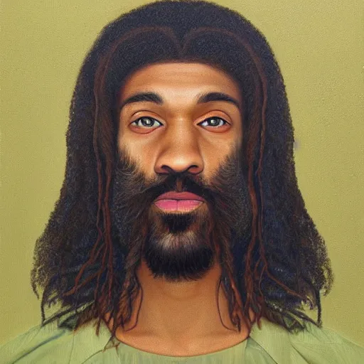 Image similar to a painting of a man with long hair and a beard, a character portrait by barkley hendricks, featured on deviantart, neo - primitivism, art, oil on canvas, masterpiece