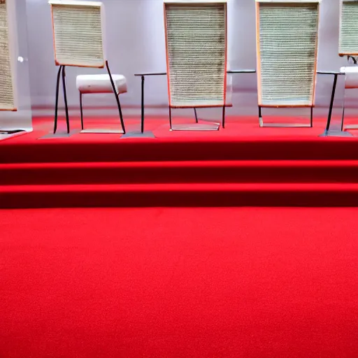 Prompt: a red carpet floor. a chair sits off to one side. the chair has wires extending offscreen.