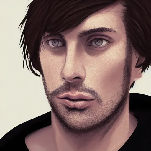 Prompt: guy with brown hair looking back, narrow chin, thin face in a white shirt, black turtleneck, digital art, 8 k, character, realism, portrait