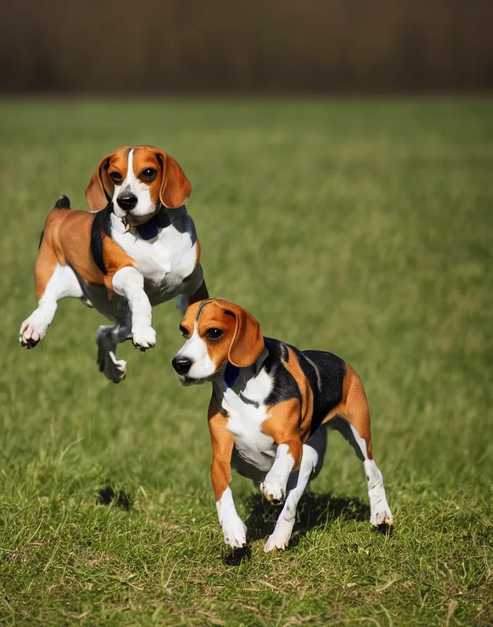 Image similar to a beagle running in a field, 8k, depth of field.