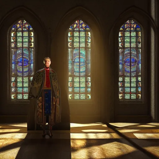 Prompt: a man made from stained glass, inside an ancient building background, dust particles in the air, sun rays through stained glass window background, supremely atmospheric, genius concept, middle distance, 3D, 4k post production processing, unreal engine 5, weta digital