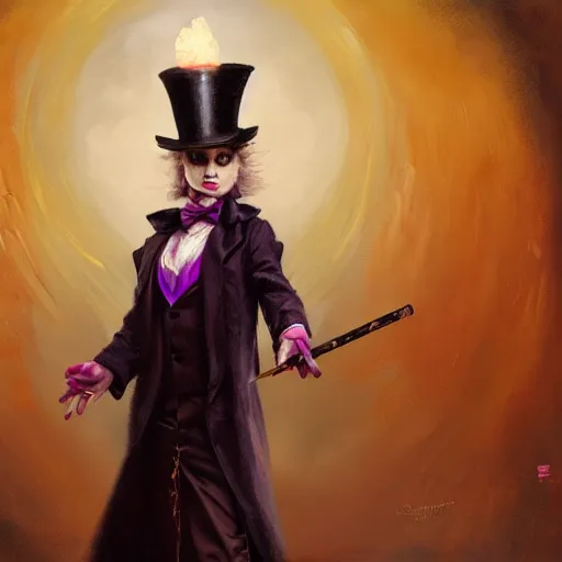 Prompt: oil painting of a rabbit dressed like a female magician with a top hat and a magic wand, urban fantasy art by seb mckinnon, artstation npc character design, top - rated