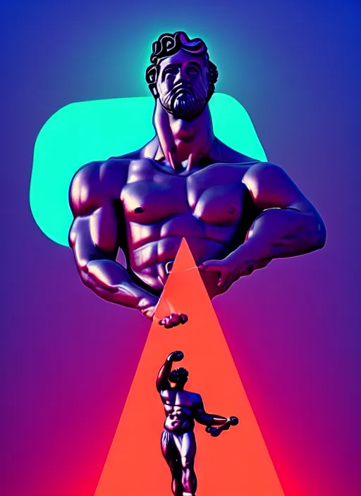 Image similar to statue of hercules, beeple, android jones, ( ( ( ( ( dan mumford ) ) ) ) ), vaporwave, retrowave, black background, neon wiring, black, glitch, strong contrast, cuts, pinterest, trending on artstation