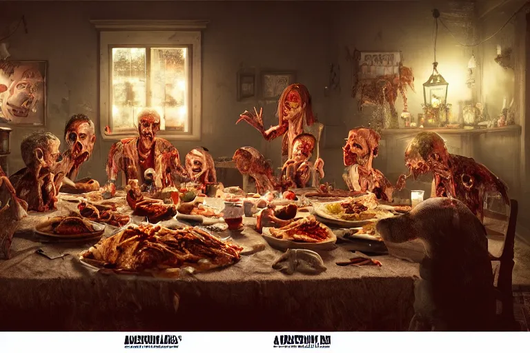 Image similar to a zombie family christmas dinner, hyper realistic, ambient lighting, concept art, intricate, hyper detailed, smooth, dynamic volumetric lighting, octane, cinematic