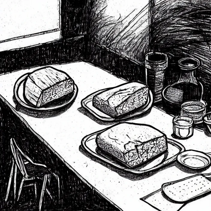 Image similar to extreme close - up on a table : poor quality bread, water, and gruel. background : black tiles on walls. black and white, pencil and ink. by gabriel hardman, joe alves, chris bonura. cinematic atmosphere, detailed and intricate, perfect anatomy