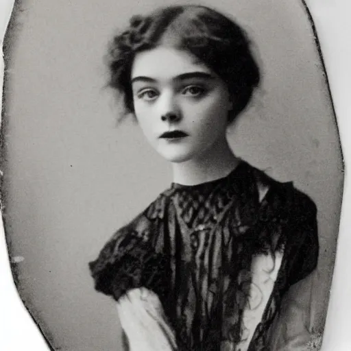 Prompt: headshot edwardian photograph of elle fanning, 1 9 1 0 s, 1 9 0 0 s, 1 9 2 0 s, grainy, victorian, detailed, slightly blurry