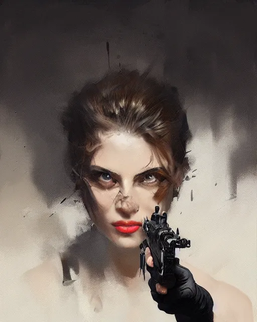 Image similar to Hyper realistic painting of a girl holding a gun, noir, hyper detailed, by greg rutkowski, trending on artstation