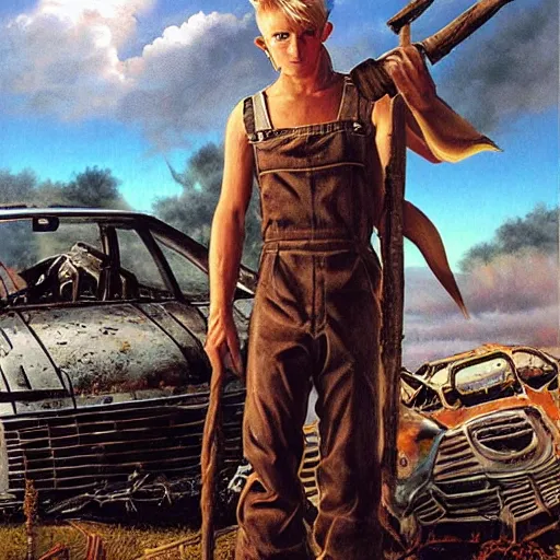 Image similar to an elf with spiky blonde hair wearing dark brown overalls and holding dynamite standing next to a destroyed car, painting by Gerald Brom