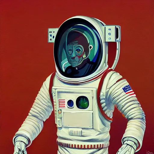 Image similar to Astronaut portrait half face robot,highly detailed, very coherent, painted by Francis Bacon and Edward Hopper, Wayne Barlowe, painted by James Gilleard, surrealism, airbrush, art by JamesJean