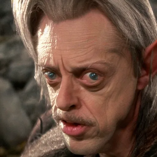 Image similar to Real Stills of Steve Buscemi smaller eyes playing a lord of rings elf in the new upcomming TV show promo ARRIFLEX 435 Camera face closeup